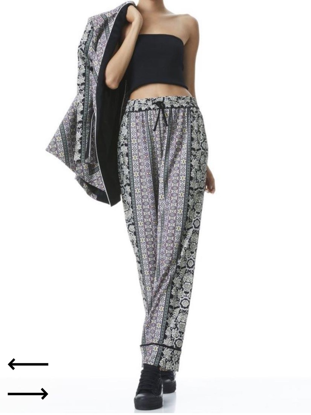 Alice + Olivia Black Floral-Trim Patterned Wide-Leg Pants